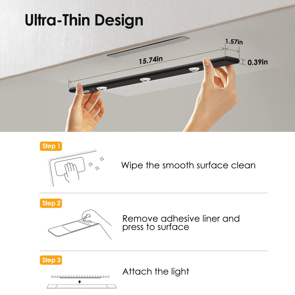 Rechargeable Under Cabinet Lights, 2 Pack Motion Sensor LED Closet Bar, Dimmable 3 Color Temperatures, 7.87 in, Black or White