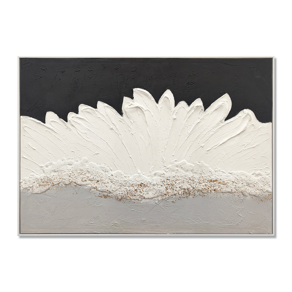 Framed Abstract Wall Art 28x40 In, Black and White Textured Canvas Painting with Grey and Gold Accents