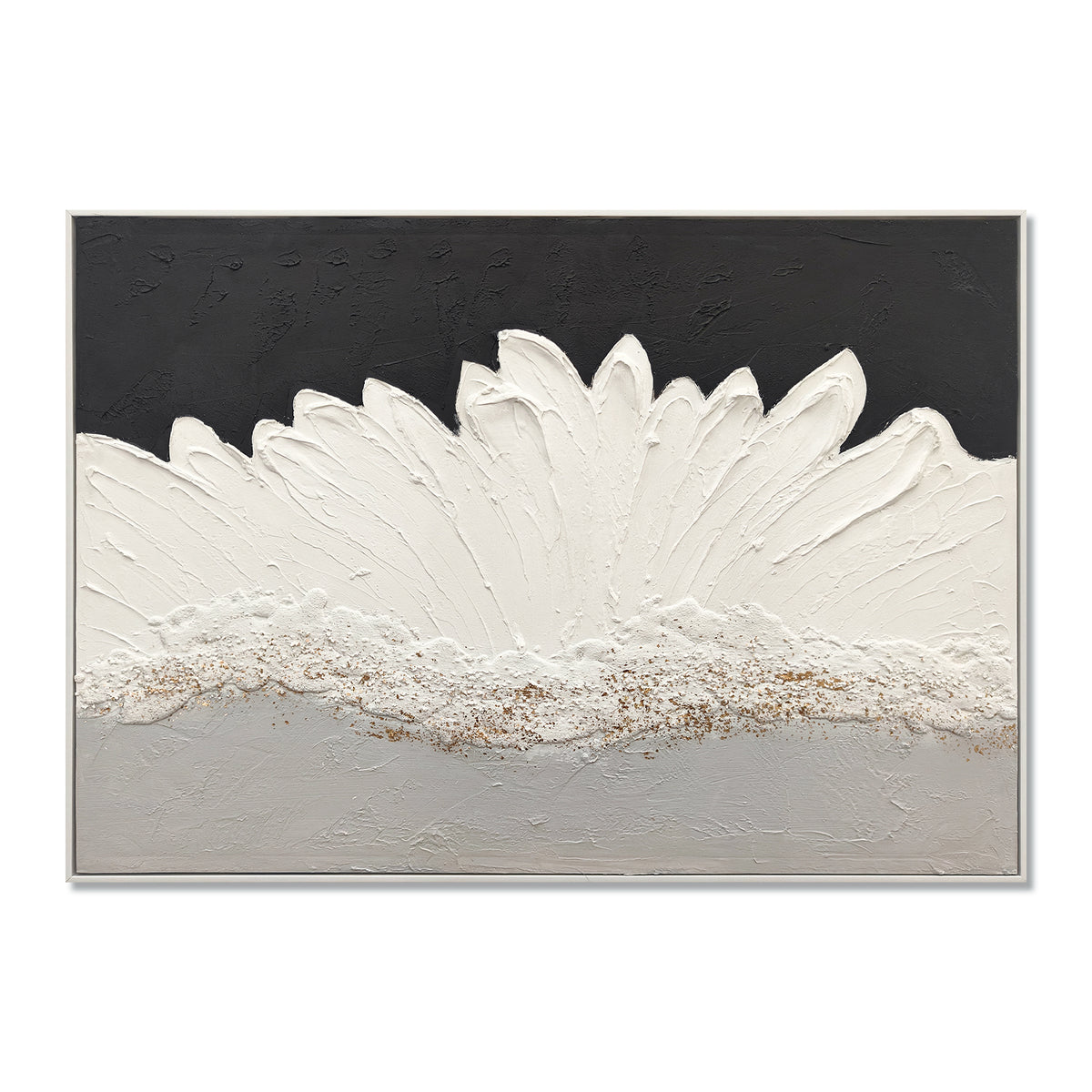 Framed Abstract Wall Art 28x40 In, Black and White Textured Canvas Painting with Grey and Gold Accents