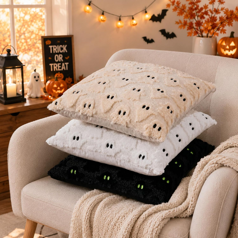 Halloween Ghost Pillow Covers, Set of 2, 18x18 Inch Beige Plush Throw Cushion Cases With Hidden Zipper