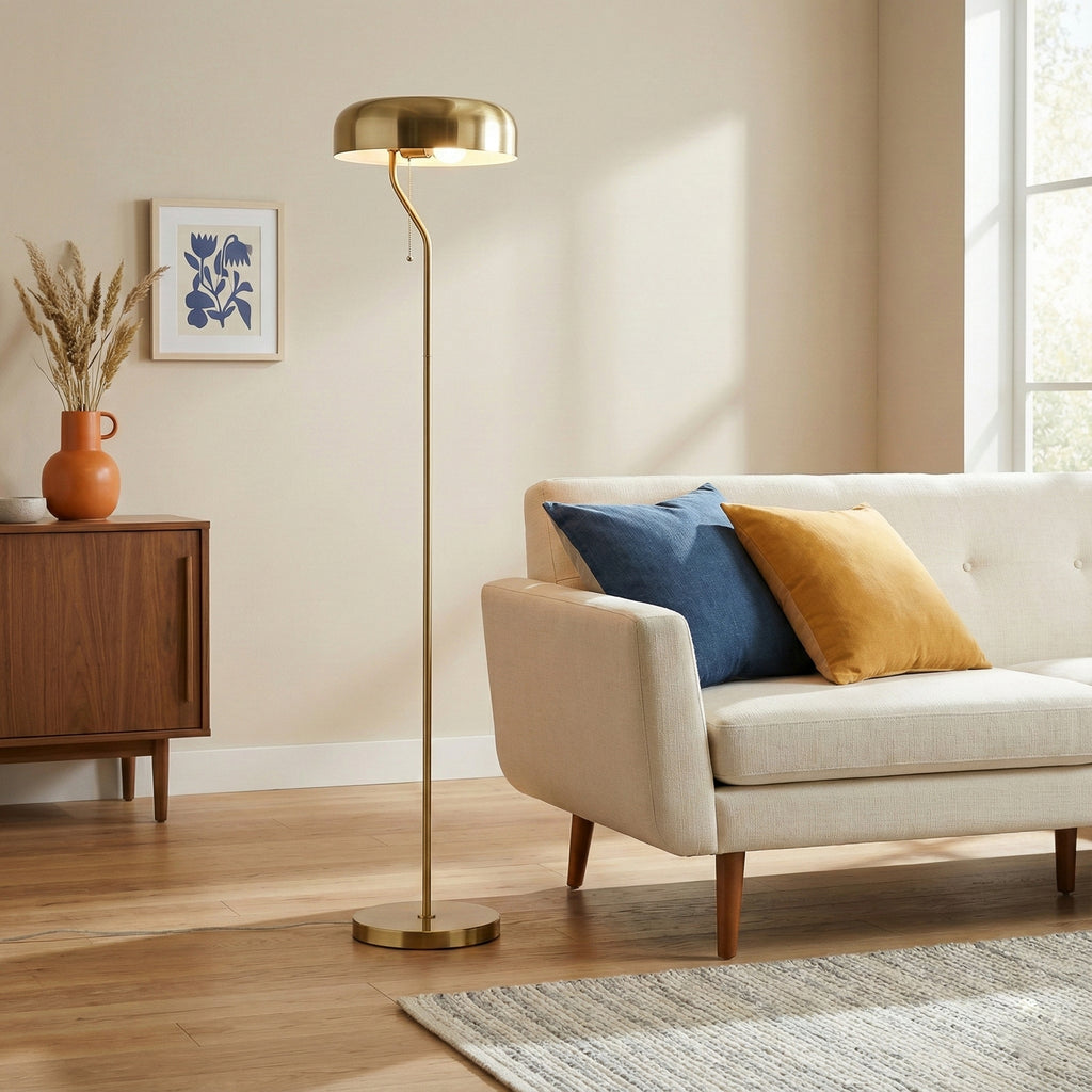Gold Metal Floor Lamp With Dome Shade, 55" Tall Pull Chain Standing Lamp for Living Room, Bedroom and Office