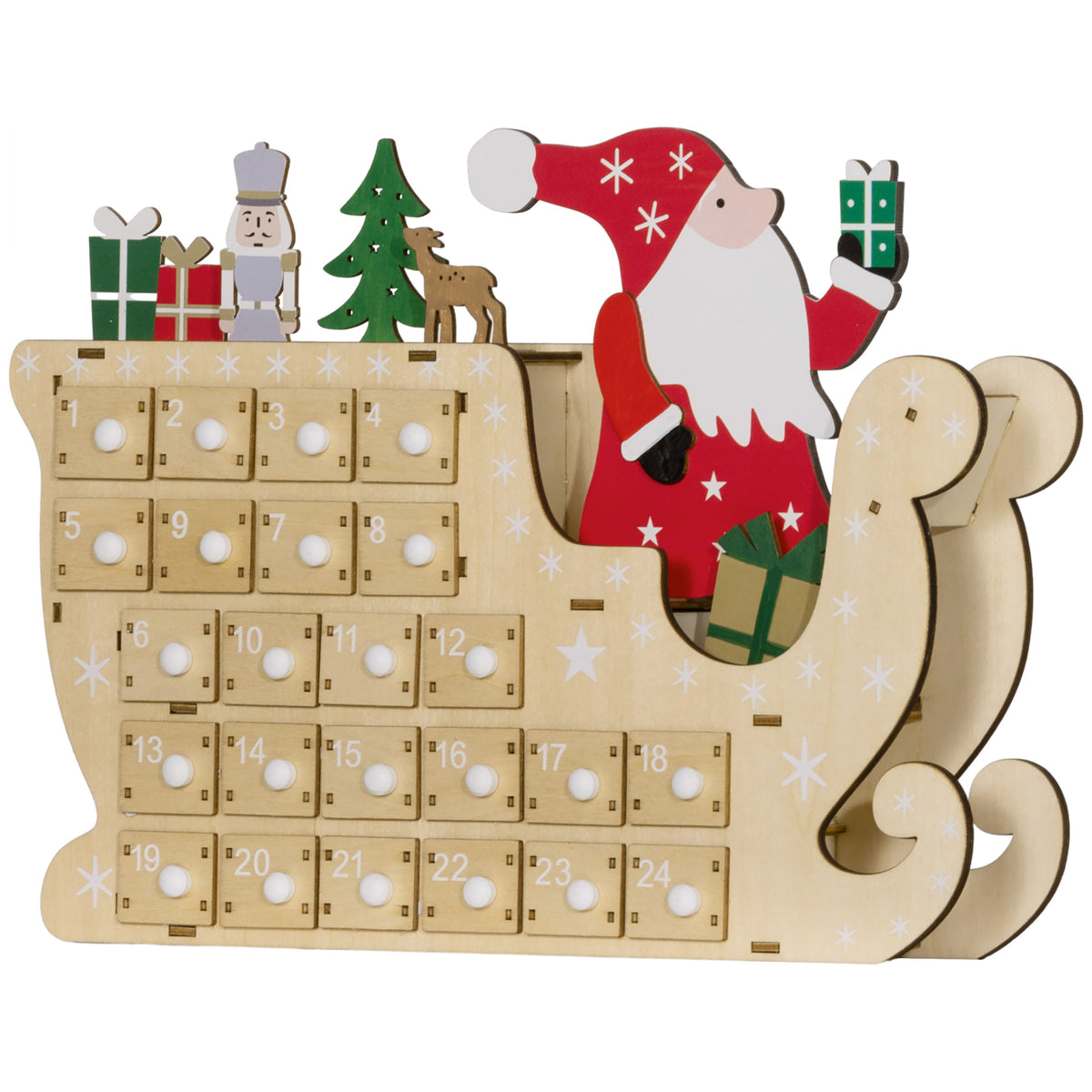 Wooden Christmas Advent Calendar with 24 Countdown Drawers, Santa Sleigh Holiday Decor, Natural