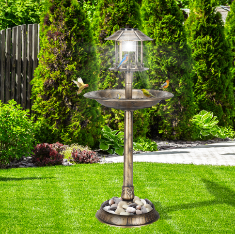 Solar Bird Bath With Light, Bronze Resin Pedestal Birdbath for Garden and Yard, 42" Tall Round Antique Style