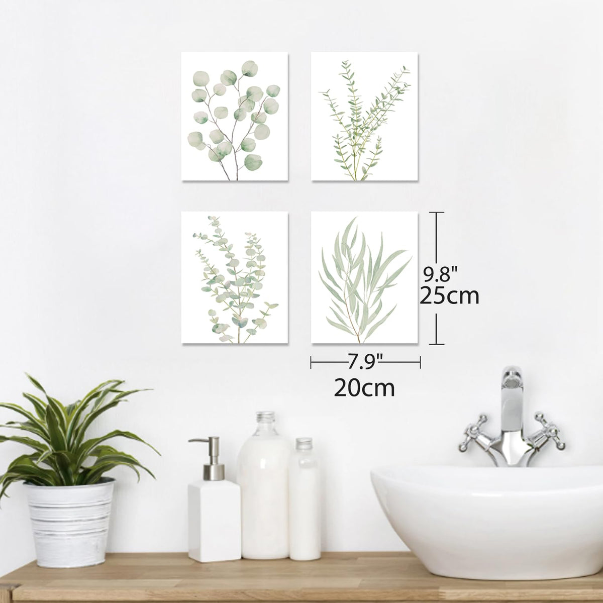 Botanical Eucalyptus Canvas Wall Art, Set of 4 Framed 8x10 Sage Green Prints for Bathroom and Bedroom