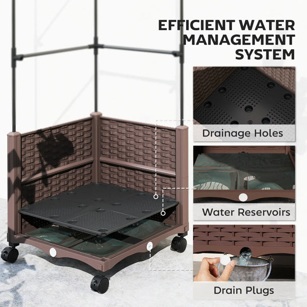 Raised Garden Bed With Adjustable Trellis, Brown Planter Box on Lockable Wheels With Self-Watering Tank