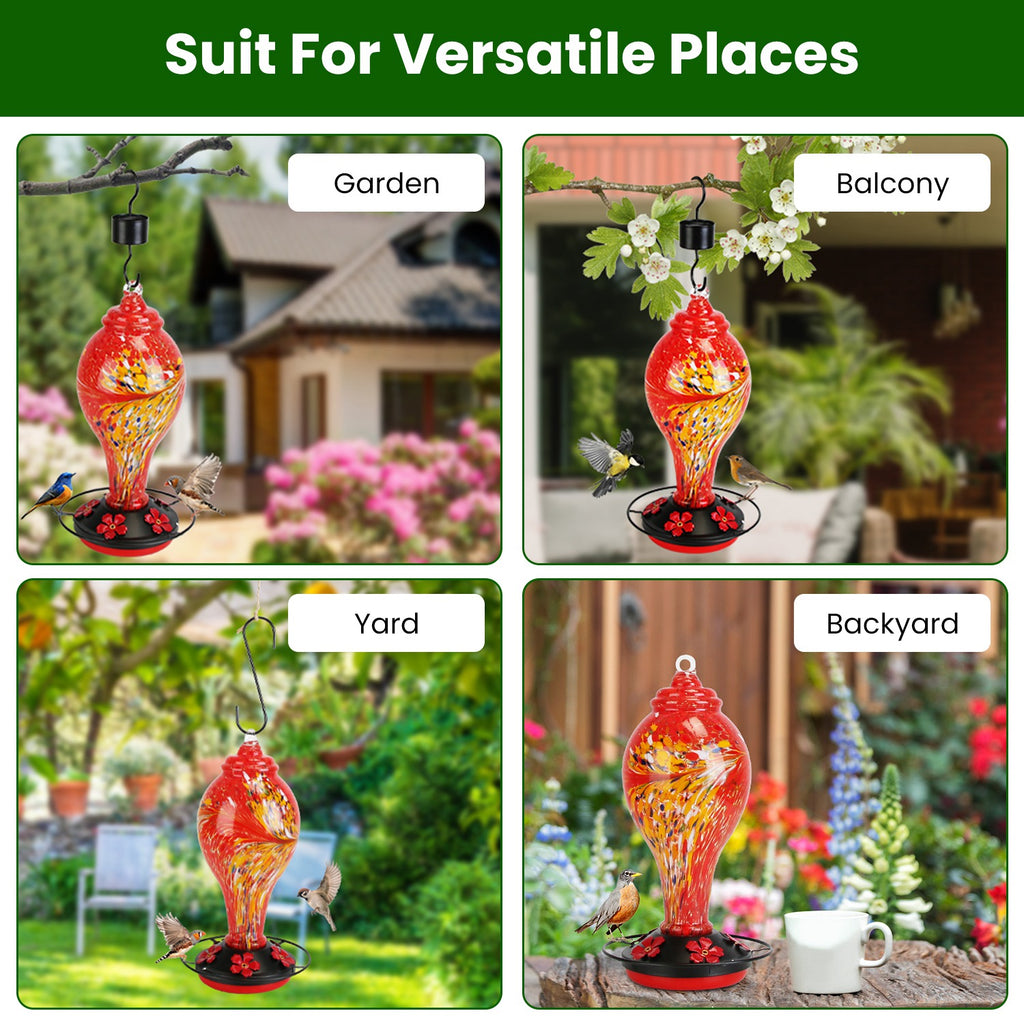 Hand Blown Glass Hummingbird Feeder, 33 oz With 5 Flower Feeding Ports, Perch, Ant Moat Hook and Cleaning Brush