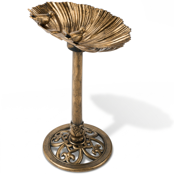 Antique Bronze Bird Bath With Solar Fountain, Resin Pedestal Birdbath With Shell Edge, 50x36x81 cm