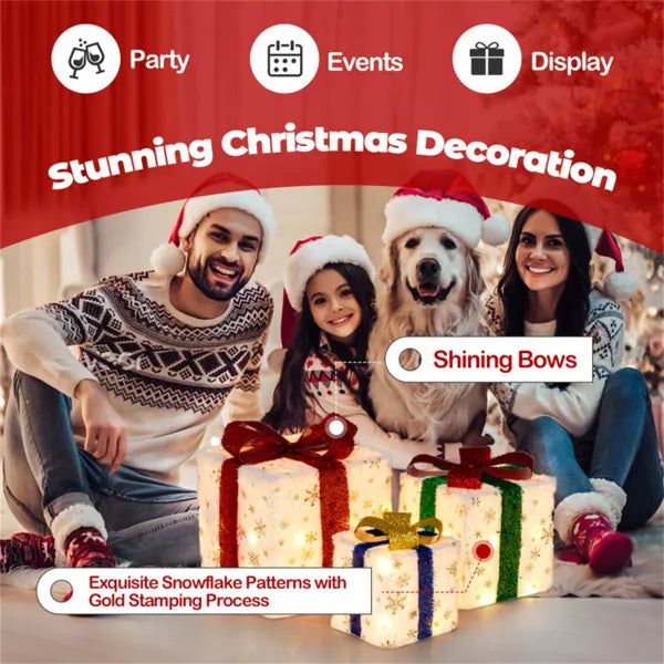 Lighted Christmas Gift Boxes, Set of 3 Battery-Operated Snowflake Present Decorations With 48 Warm White Lights and Glitter Bows
