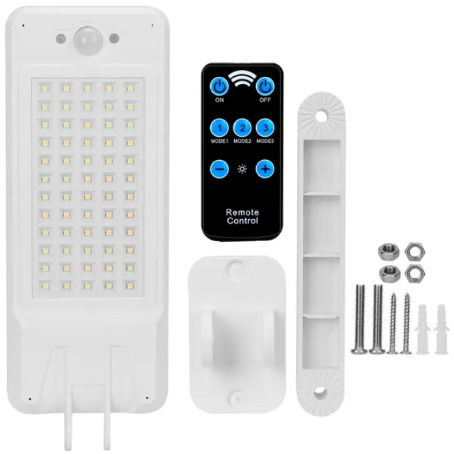 Solar Wall Light with Motion Sensor and Remote Control, 60 LED Outdoor Security Lamp, White