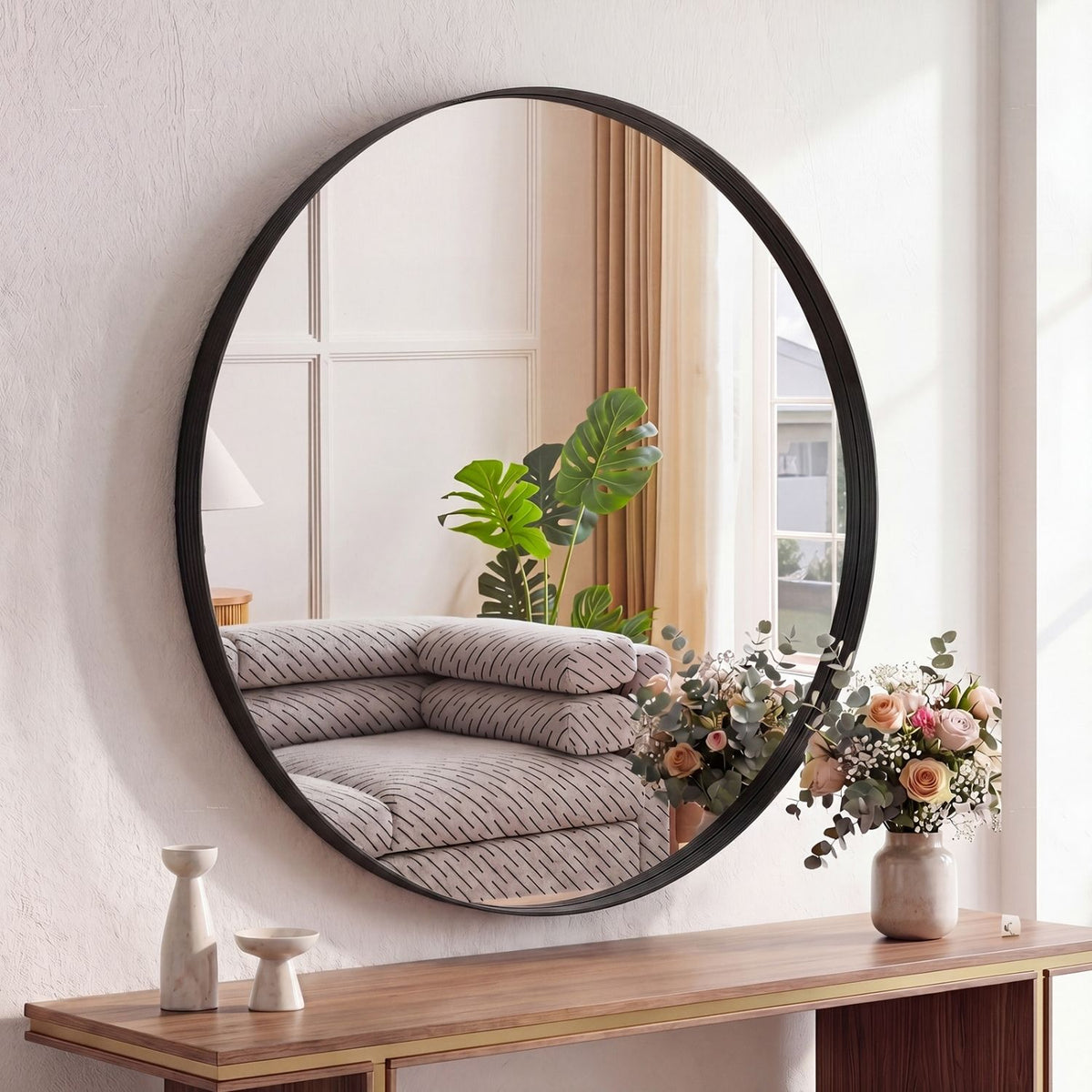 Round Wall Mirror With Brushed Aluminum Frame, Tempered Glass Bathroom Vanity Mirror in Black or Gold, 20 to 30 Inch