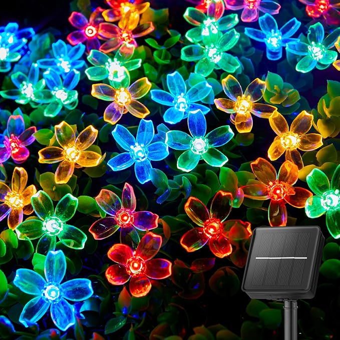Solar Flower String Lights, 60 LED Cherry Blossom Fairy Lights, 26 Ft Waterproof Multicolor Outdoor Lights for Garden, Patio and Yard