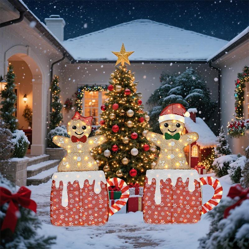 Lighted Gingerbread Man Christmas Decorations, Set of 2 Warm White LED Cocoa Mug Yard Figures