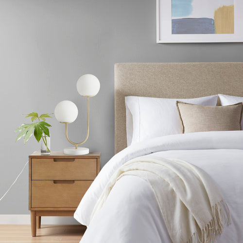 2-Light Globe Table Lamp, Gold Metal With Frosted Glass Globes and White Base, 20 in. Modern Bedside Lamp