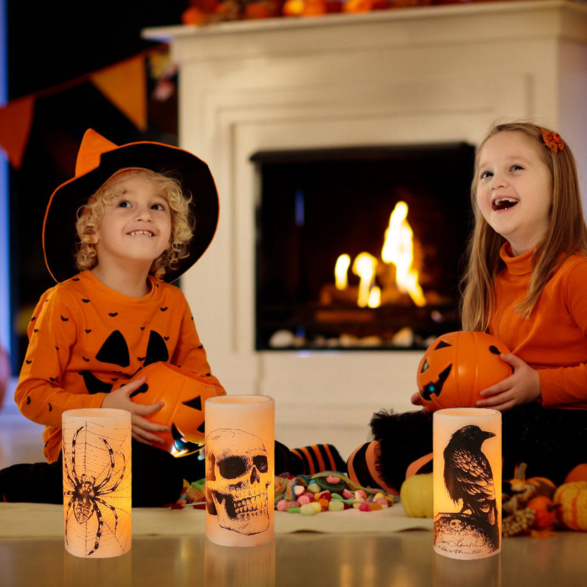 Halloween Flameless LED Candles, Set of 3 Battery Operated Pillar Candle Lamps With 6-Hour Timer, Warm Orange Light