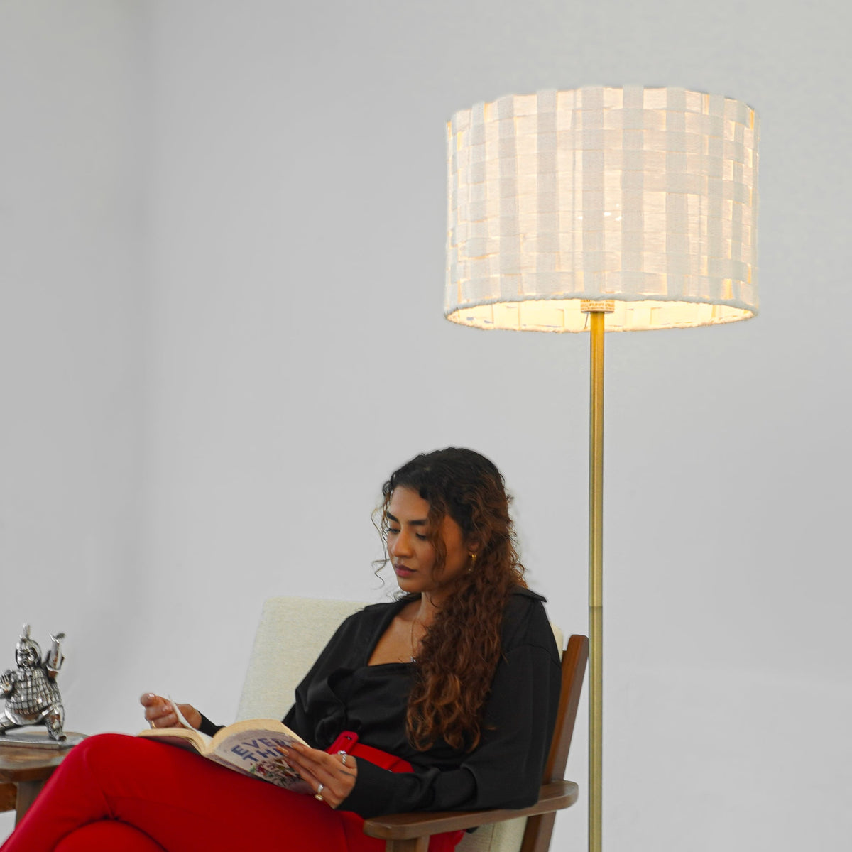Minimalist Floor Lamp With Neutral Drum Shade, Slim 56" Metal Standing Lamp With Marble and Rubber Wood Base for Living Room