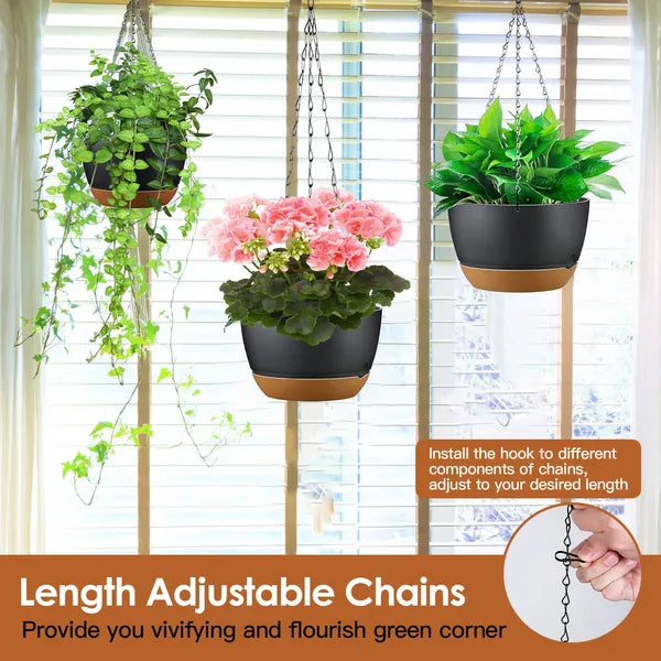 Hanging Planters With Drainage Holes, Set of 4 Self-Watering Plastic Flower Pots, 9.64 In Black and Tan
