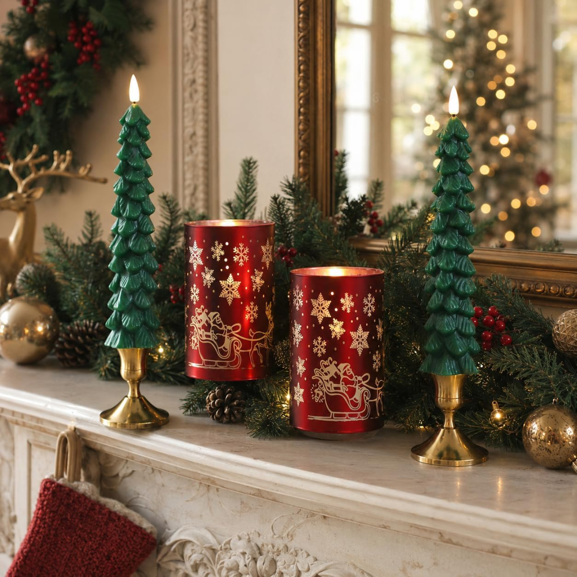 Christmas Flameless Candles With Remote, Set of 4 Green Tree Tapers and Red Glass Snowflake Pillars, Battery Operated LED Holiday Decor