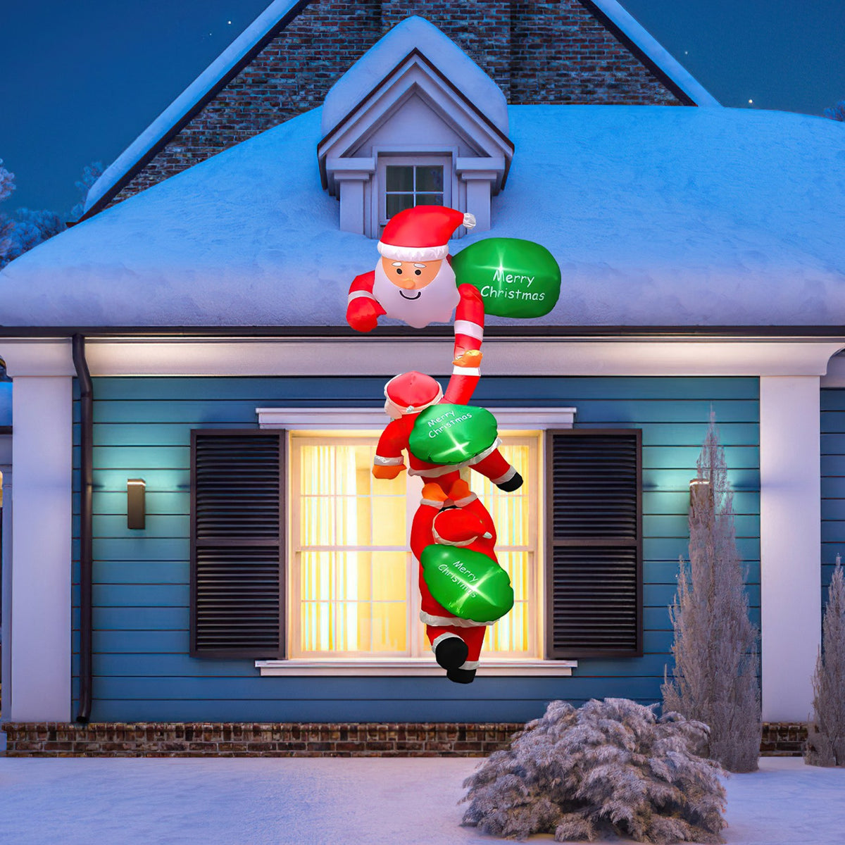 8 Ft Climbing Santa Claus Christmas Inflatable With LED Lights, Hanging Blow Up Outdoor Yard Decoration, 3 Santas and 3 Merry Christmas Bags