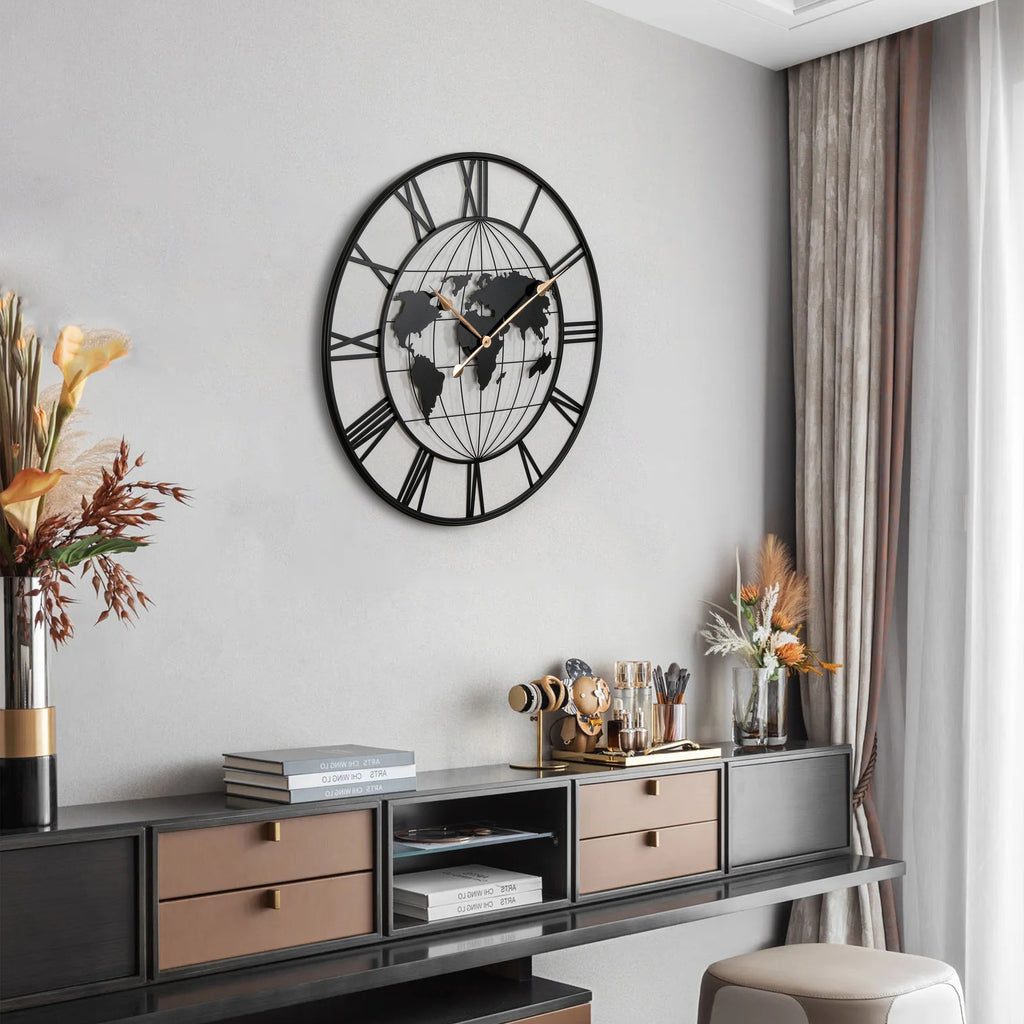 36 Inch Large Metal Wall Clock, Black World Map Design With Gold Hands, Oversized Roman Numeral Decor for Living Room