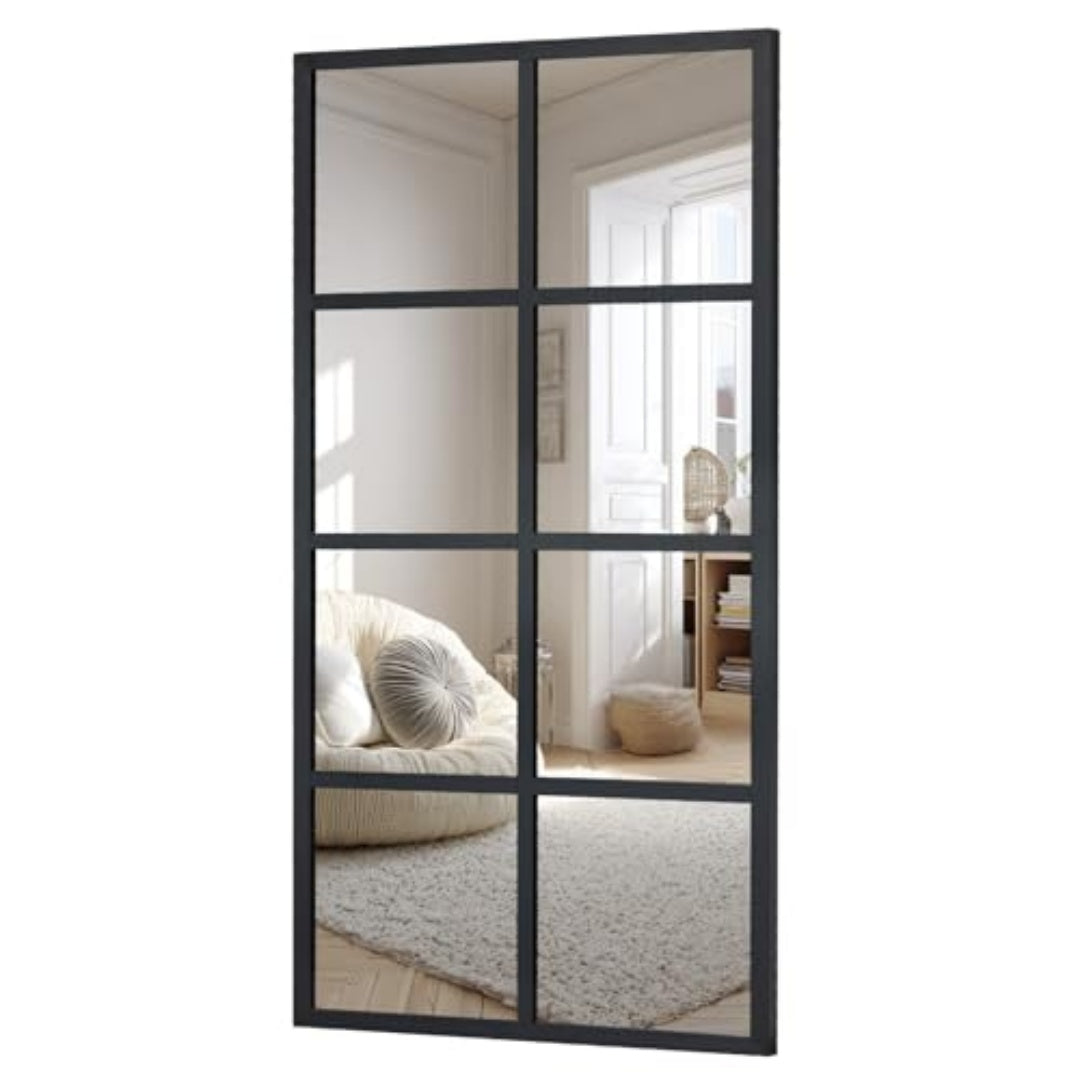 Window Pane Wall Mirror, Black Metal Frame Rectangular Grid Mirror for Living Room, Bedroom or Entryway