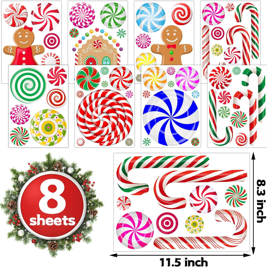 Christmas Candy Wall Stickers, 8 Sheets Peppermint Candyland Decals With Candy Canes and Gingerbread Cutouts