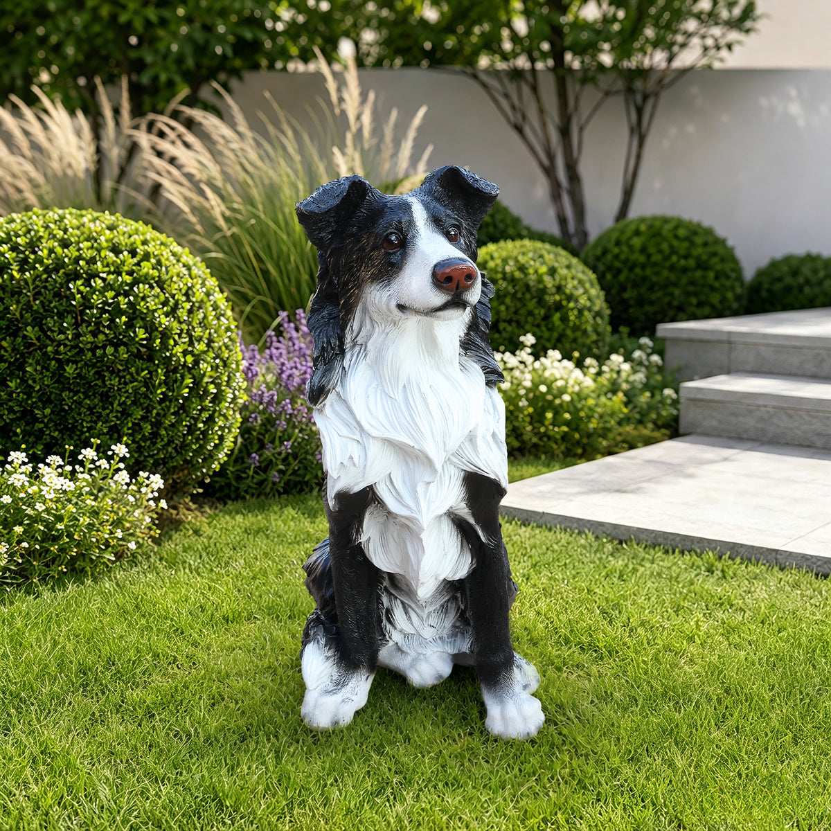 Border Collie Dog Statue, Black and White Resin Garden Greeter Sculpture, 17 in Tall Indoor Outdoor Decor