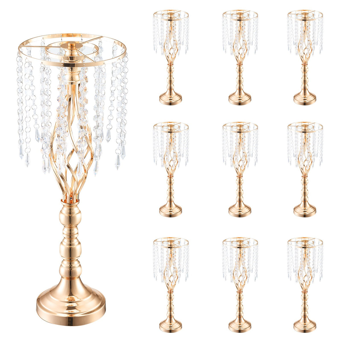 Crystal Wedding Flower Stand Set of 10, Gold Metal Centerpiece Vases, 21.65" Tall Spiral Table Risers for Parties