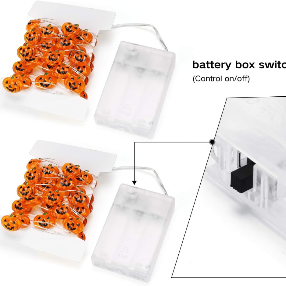 Halloween Pumpkin String Lights, 2 Pack Battery Operated LED Jack-O'-Lantern Lights, 40 LEDs Each, 12.7 ft Orange Indoor Outdoor Decor