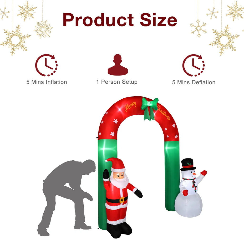 8 Ft Inflatable Christmas Archway With Santa and Snowman, 7 Lights, Red and Green Yard Decoration