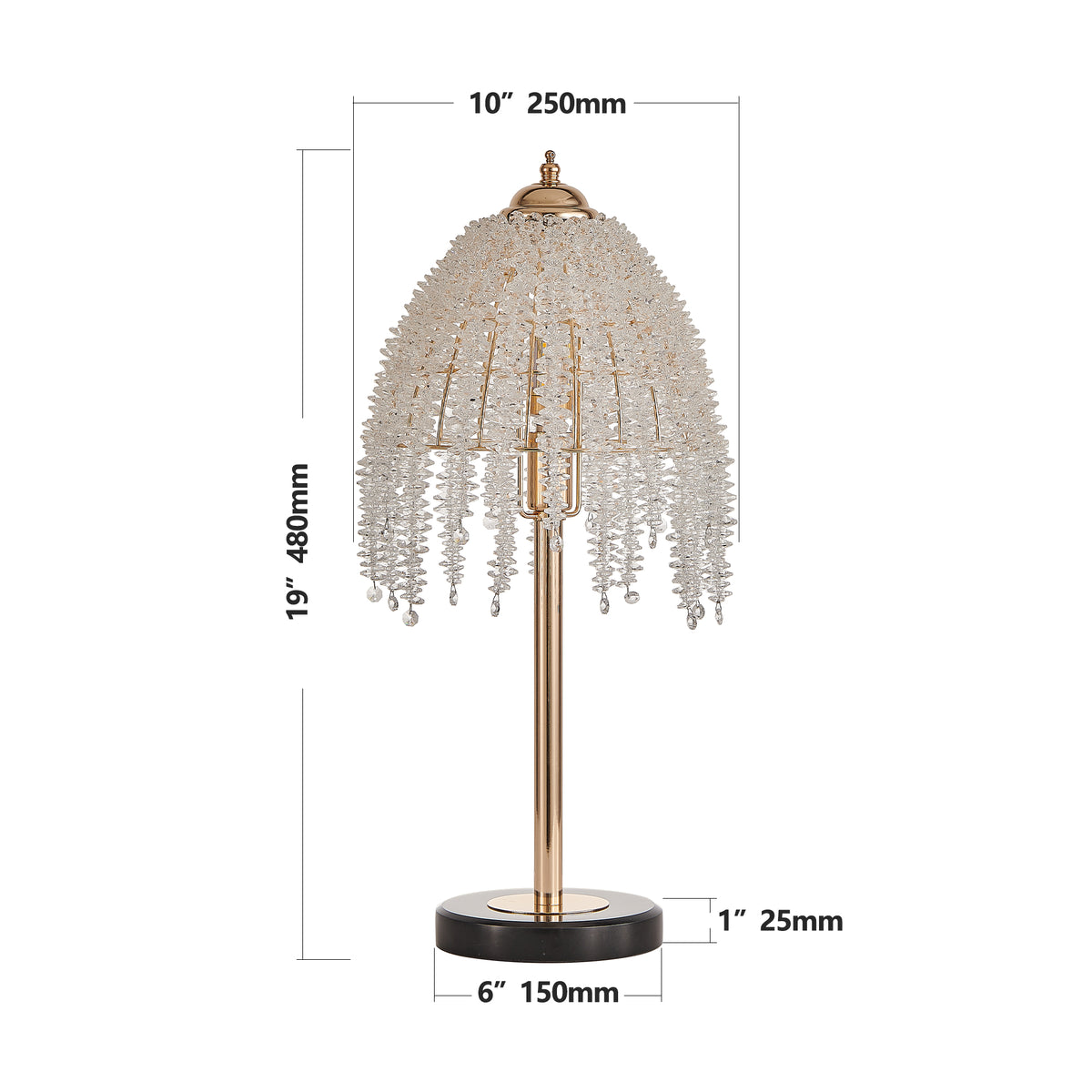 Crystal Table Lamp 19" Gold Waterfall Beaded Shade Nightstand Lamp With Marble Textured Base