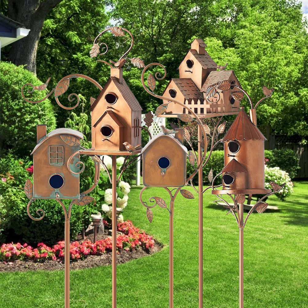 Metal Birdhouse Garden Stake, Cottage Style Bird House With Pole for Yard and Patio Decor