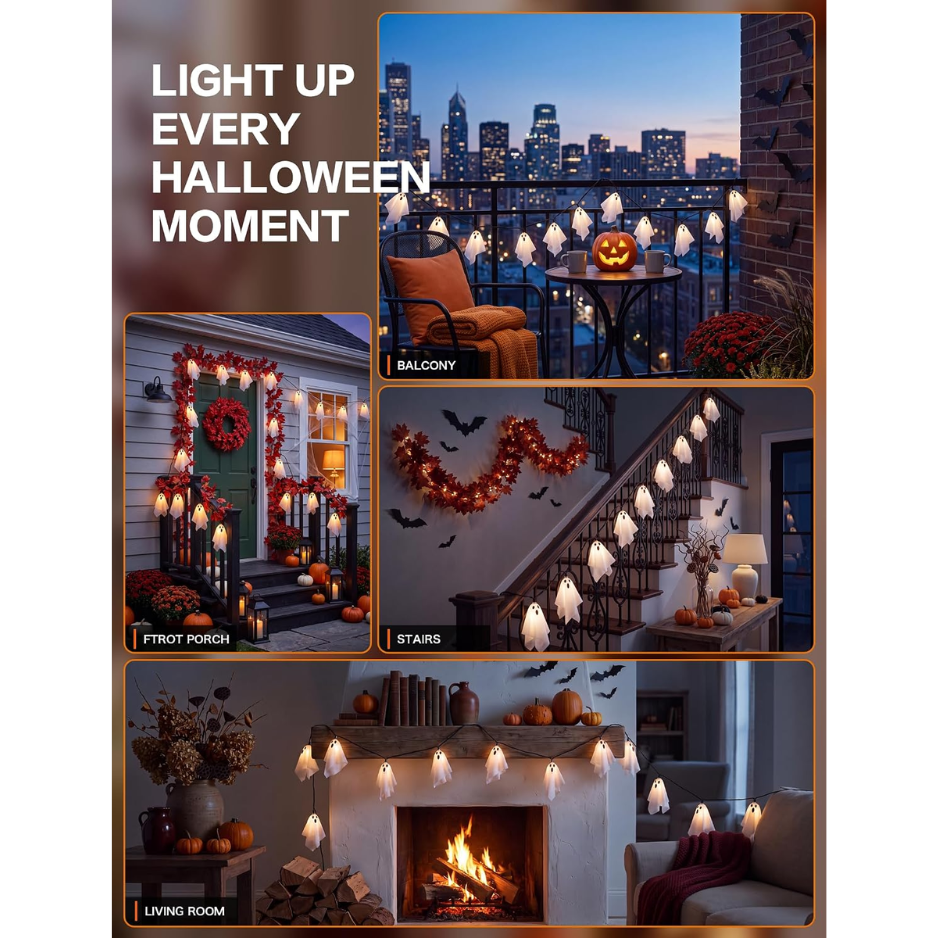 Halloween Ghost String Lights, 8.5 Ft Plug-In Strand With 10 Warm White LED Fabric Ghosts, Connectable Indoor and Covered Outdoor Decor