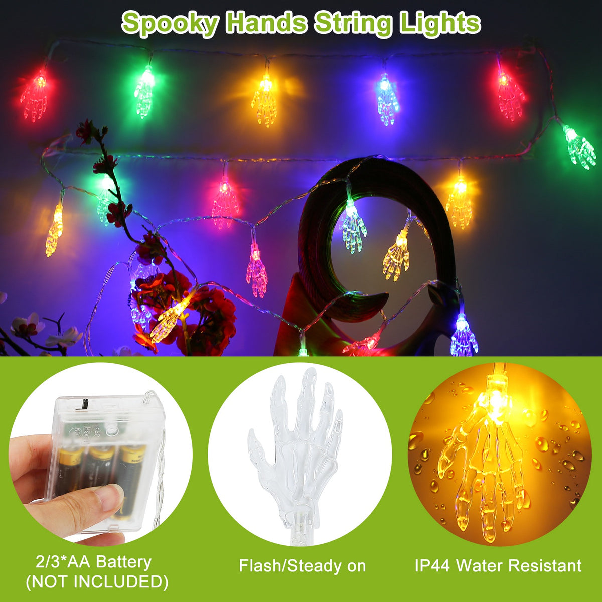 Halloween String Lights Set of 3, 50 LED 24 ft Skeleton, Skull and Spooky Hand Lights, Battery Operated Indoor Outdoor Decor