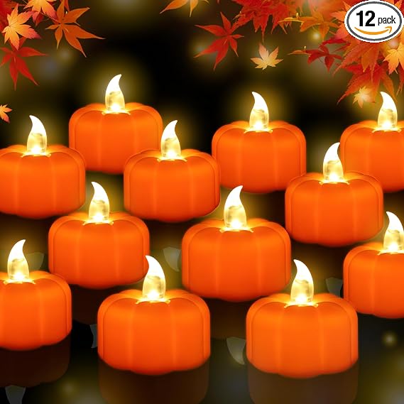 Pumpkin LED Tea Lights, 12 Pack Flameless Flickering Candles for Halloween, Fall and Thanksgiving Decor, Orange
