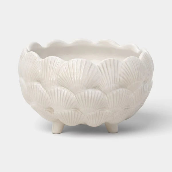 8-Inch Ceramic Clam Shell Planter, Ivory Scalloped Flower Pot With Drainage Hole and Bun Feet for Patio, Garden and Indoor Decor