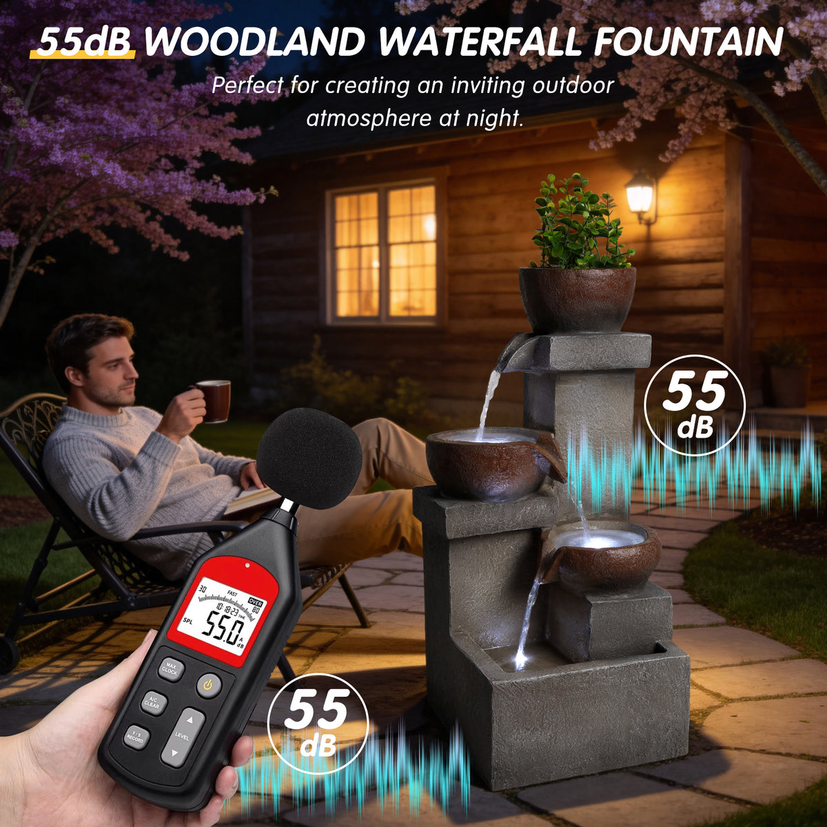 Outdoor Water Fountain With LED Lights, 23.6 in. Tiered Cascading Resin Garden Waterfall With Planter, Gray Stone Look