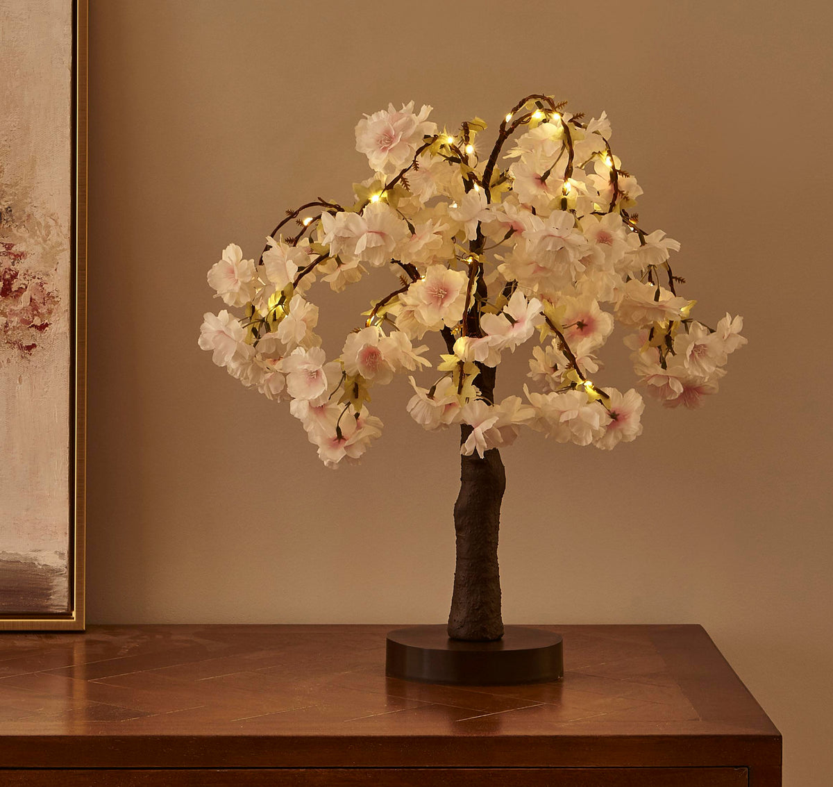 Lighted Cherry Blossom Tree, 18-Inch LED Tabletop Blossom Light with 40 Warm White Lights, Pink or White