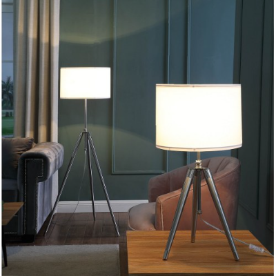 Adjustable Tripod Floor Lamp, 47-64 In Chrome Silver Metal With White Linen Drum Shade, Mid-Century Modern