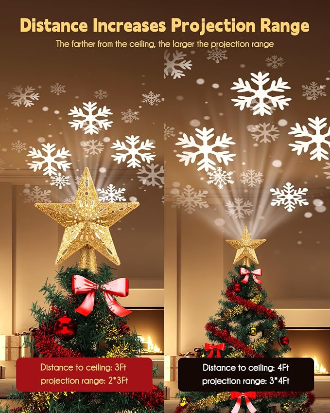 Lighted Christmas Star Tree Topper With Snowflake Projector, 10" Gold Glitter LED Treetop Light