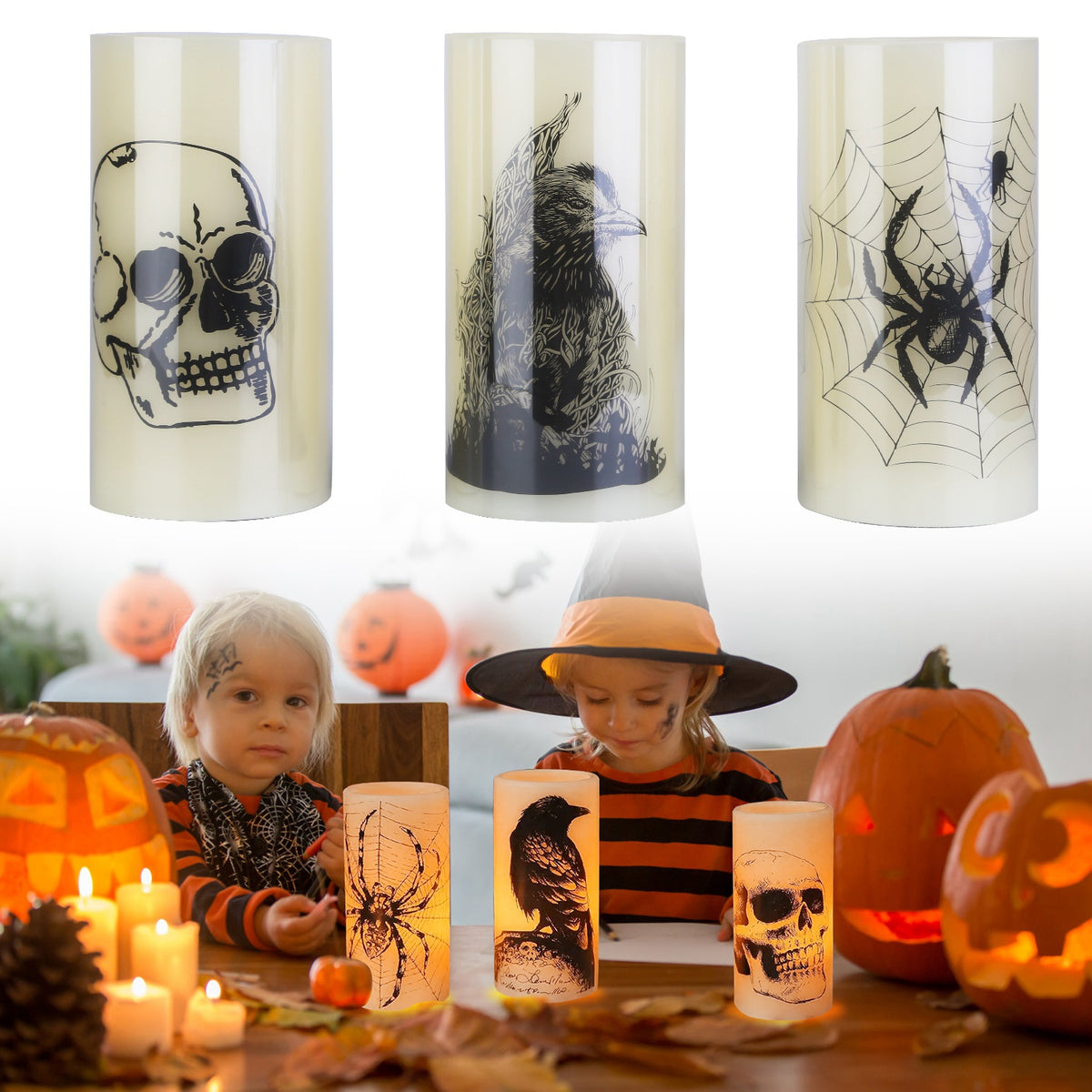 Halloween Flameless LED Candles, Set of 3 Battery Operated Pillar Candle Lamps With 6-Hour Timer, Warm Orange Light