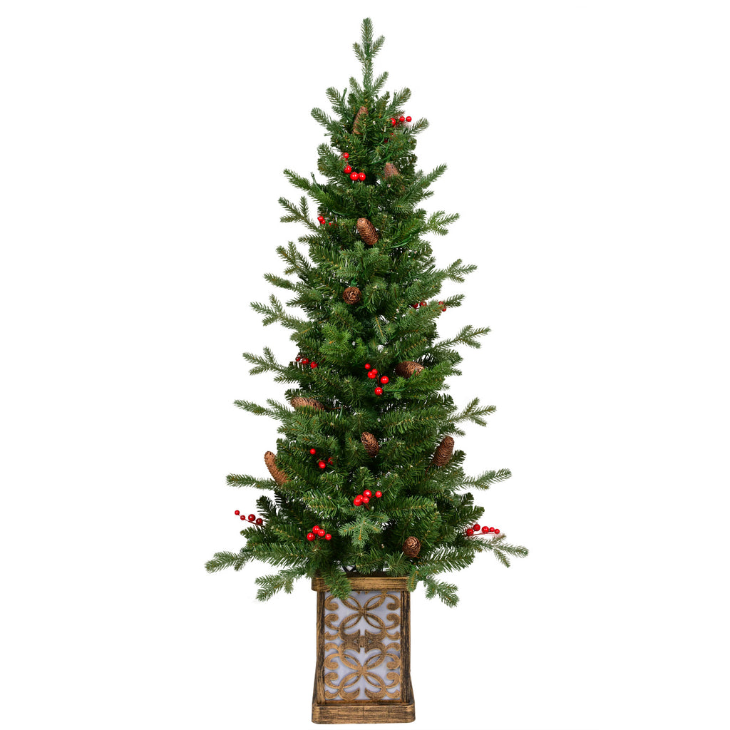 4 Ft Pre-Lit Potted Christmas Tree, Slim Artificial Porch Tree With Multicolor Lights, Pine Cones and Red Berries
