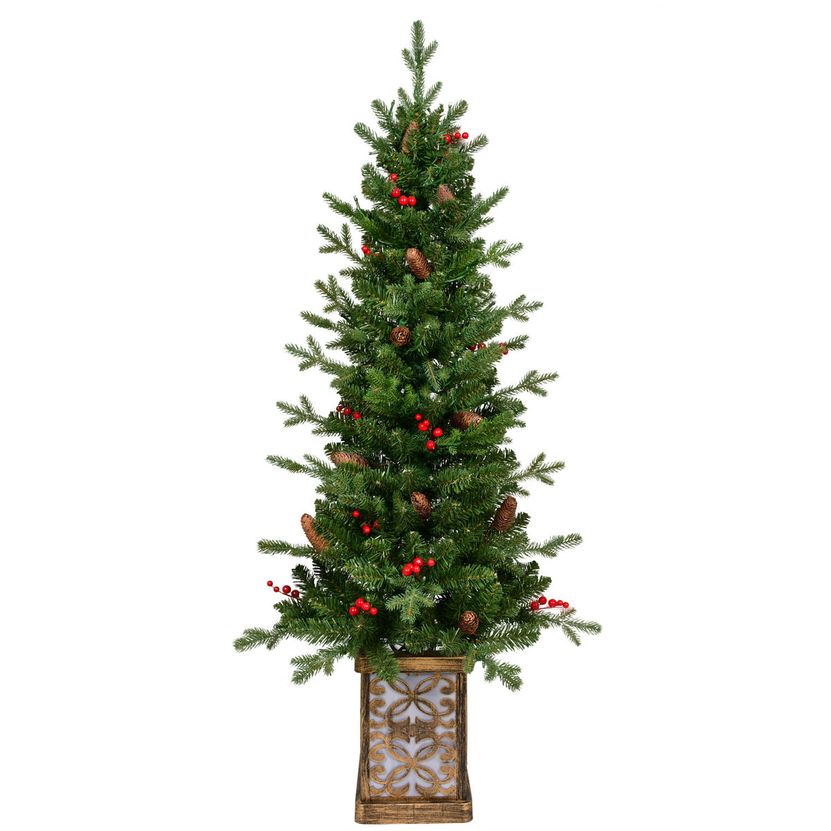 4 Ft Pre-Lit Potted Christmas Tree, Slim Artificial Porch Tree With Multicolor Lights, Pine Cones and Red Berries