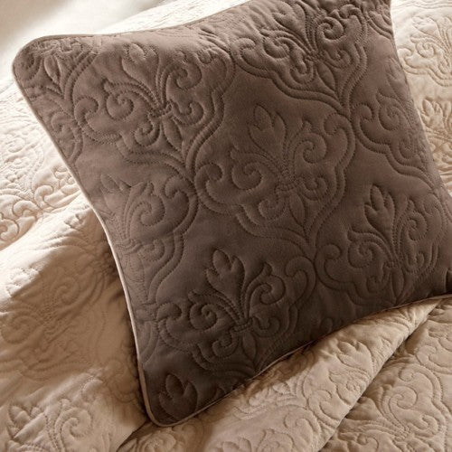 7 Piece Reversible Quilt Set With Euro Shams and Throw Pillows, Beige Full/Queen, Medallion Quilted Bedding