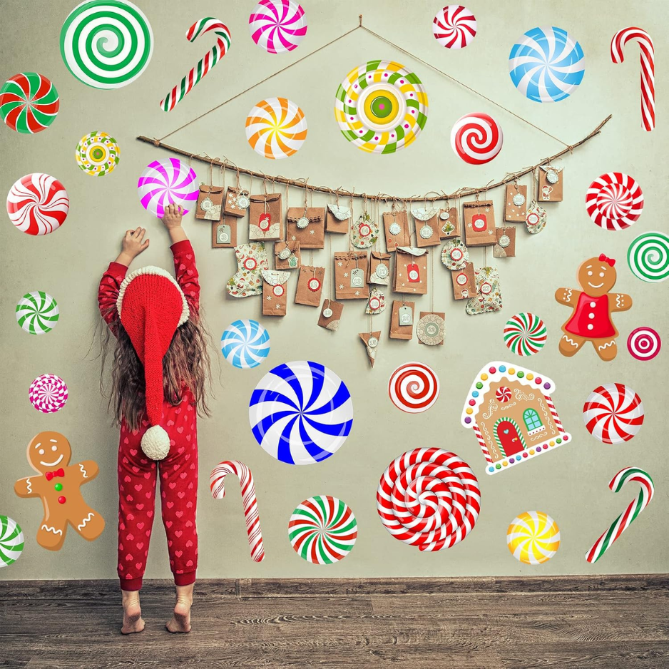 Christmas Candy Wall Stickers, 8 Sheets Peppermint Candyland Decals With Candy Canes and Gingerbread Cutouts