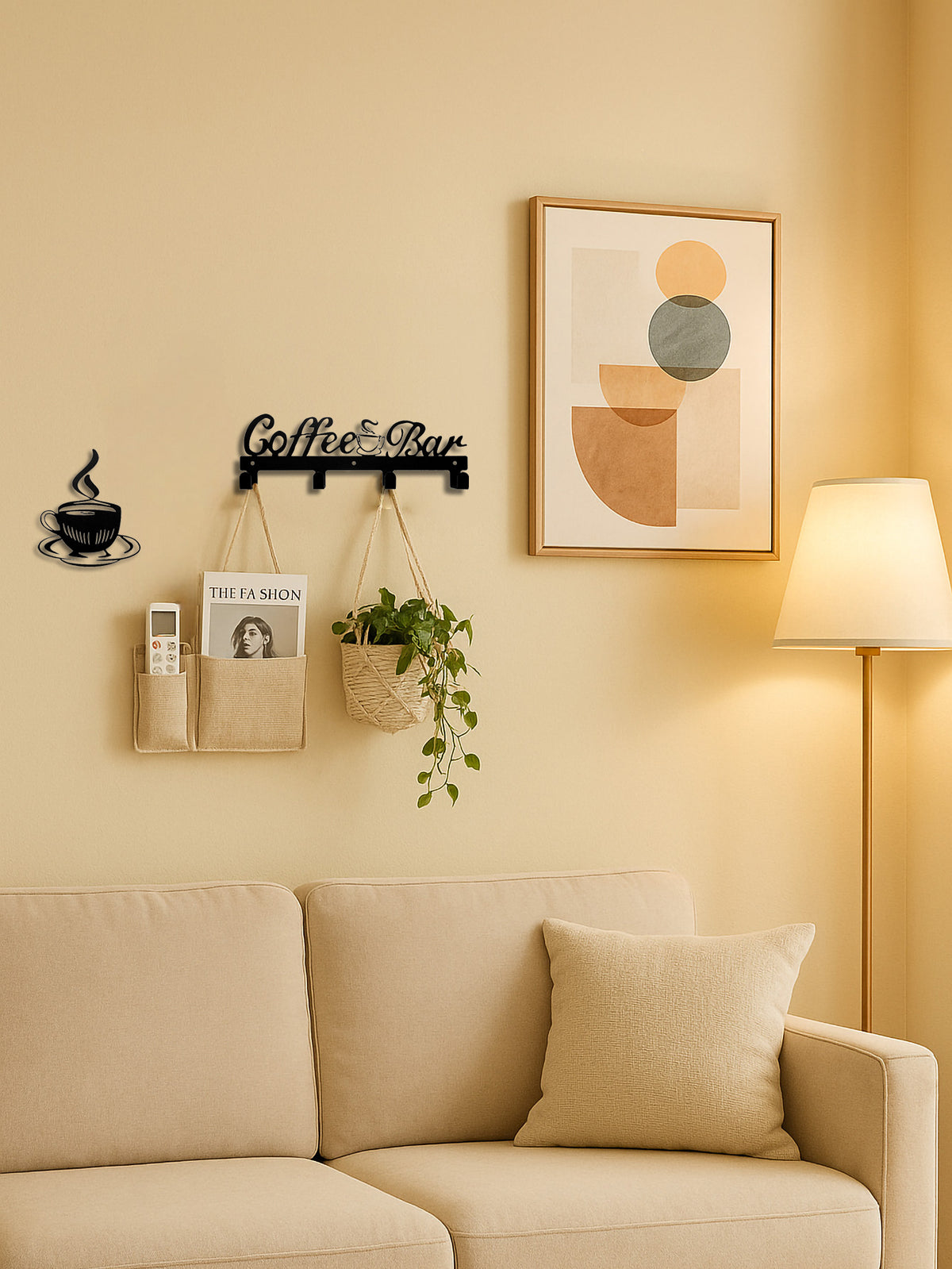 Coffee Bar Wall Hook Rack With 4 Hooks and Coffee Cup Wall Decor, Black Metal Kitchen Organizer