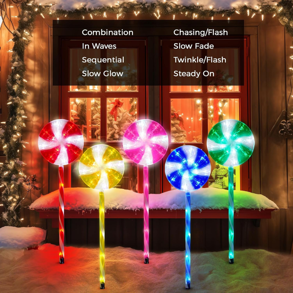Solar Lollipop Pathway Lights, 5 Pack Outdoor Christmas Candy Cane Stakes With 8 Lighting Modes, Multicolor Walkway Decor
