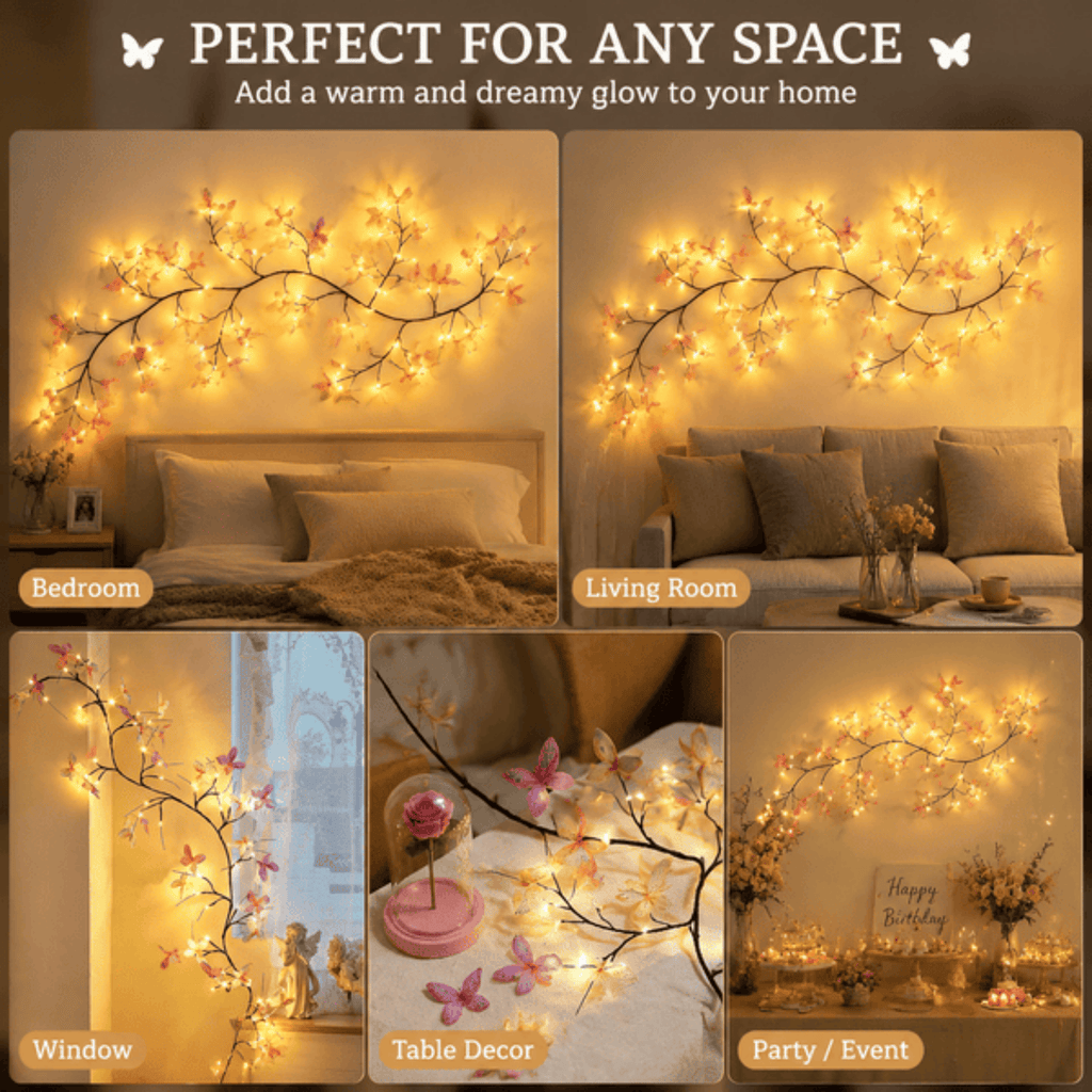 Butterfly Vine Wall Lights, 144 LED Lighted Willow Branch Garland With Remote, Bendable Indoor Fairy Light Decor for Bedroom and Living Room