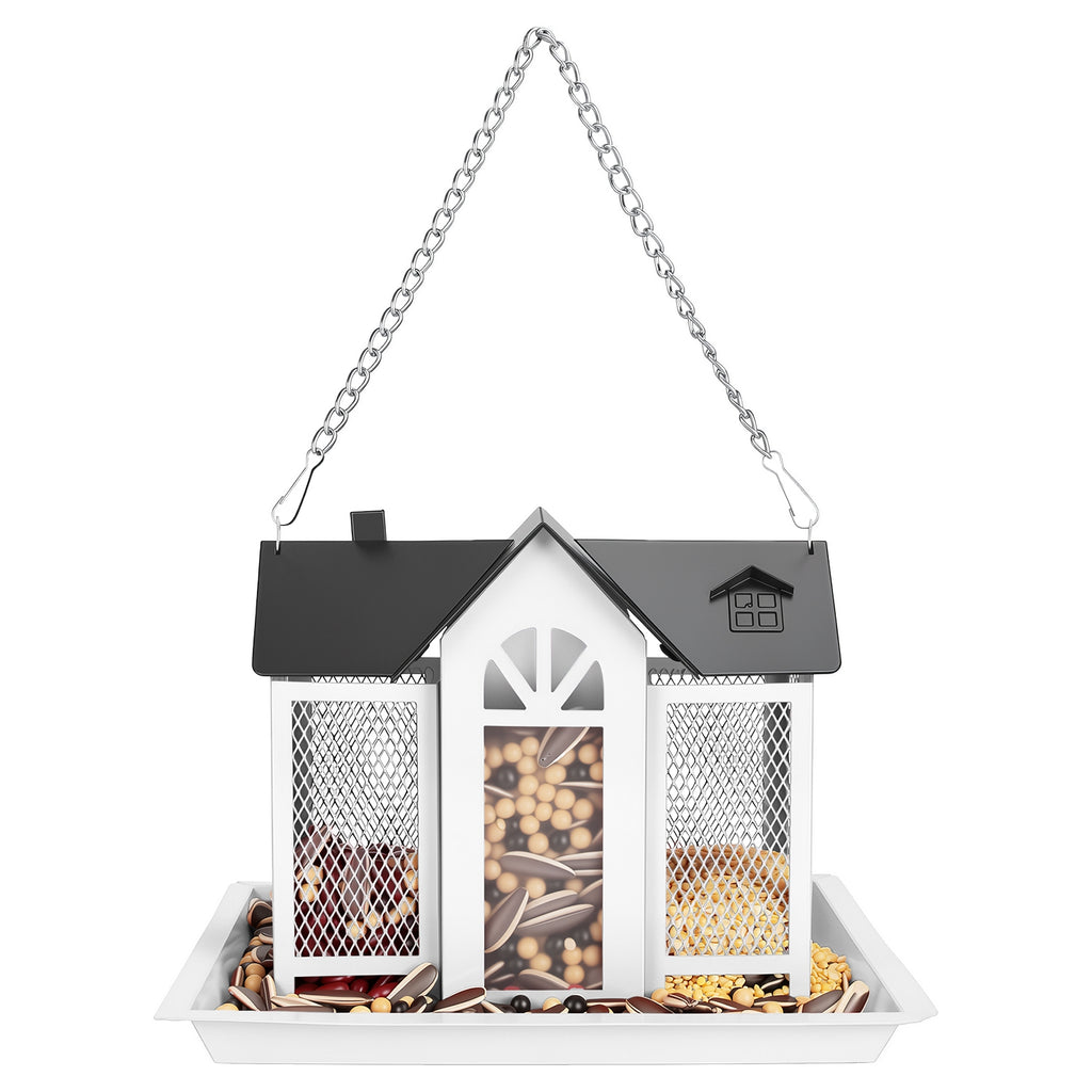 Metal Hanging Bird Feeder House, Barn Style Iron Wild Bird Seed Feeder with Visible Window and Lift-Top Lid, 15.75 in Chain, White or Red