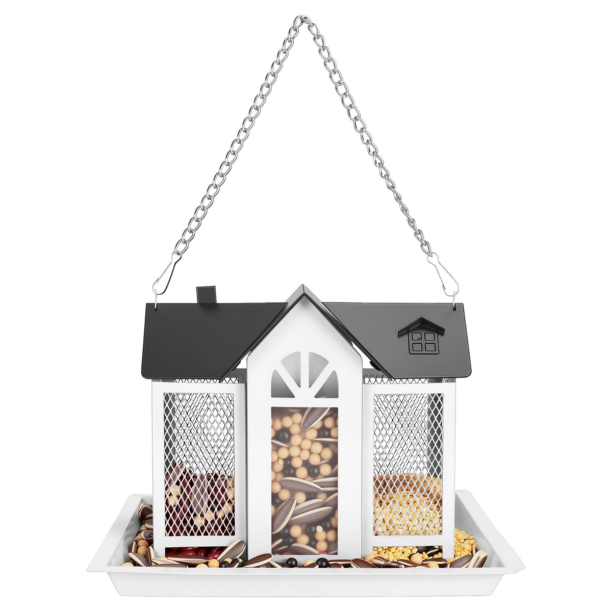 Metal Hanging Bird Feeder House, Barn Style Iron Wild Bird Seed Feeder with Visible Window and Lift-Top Lid, 15.75 in Chain, White or Red