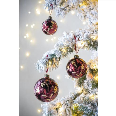 Red Glass Christmas Ball Ornaments, Set of 6 - 3.9" Hand-Painted Leaf Design Hanging Tree Baubles